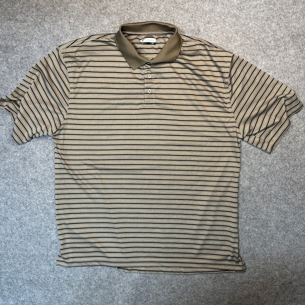 Iron Eagle Striped Polo Shirt XL Brown Tan Striped Short Sleeve Polyester